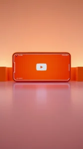 Imagem realista de um smartphone em uma superfície refletiva laranja, exibindo uma tela com o ícone de play em destaque, representando um vídeo. O fundo é laranja suave com iluminação suave, sem qualquer texto visível.