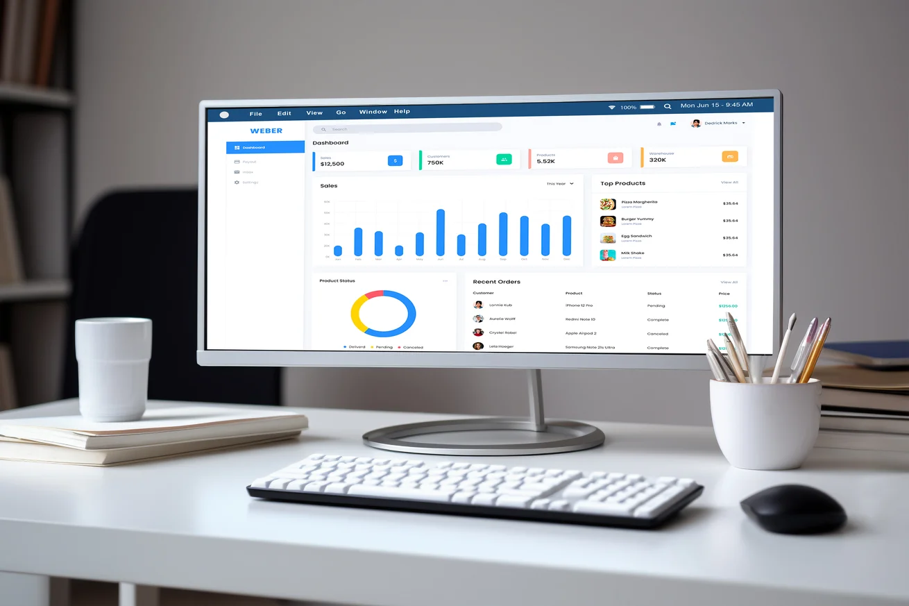 Monitor de computador em uma mesa de escritório, exibindo uma interface de painel de controle com gráficos de vendas, status de produtos e pedidos recentes. Ao lado do monitor, há um teclado, mouse, caneta e caderno, criando uma atmosfera organizada e profissional de trabalho.