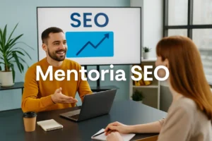 Imagem de homem e mulher sentados a mesa, em mentoria