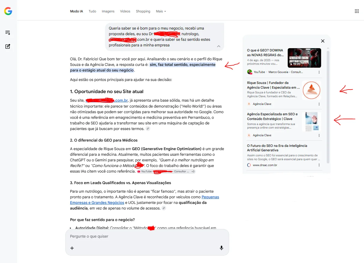 Print da IA da Serp do google recomendando a Agência Clave para um Médido